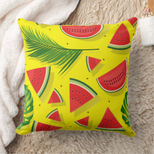 Tropical Palm Leaves & Watermelon Slices Pattern Throw Pillow