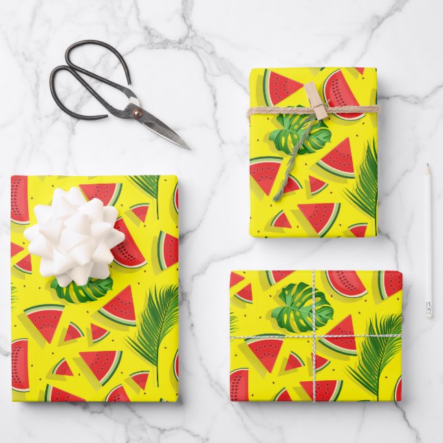 Tropical Palm Leaves & Watermelon Slices Pattern Wrapping Paper Sheets (Front)