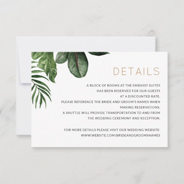 Tropical Palm Leaves Wedding Details Insert Card (Front)