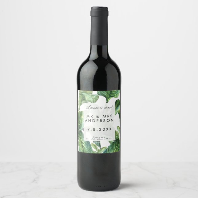 Tropical palm leaves wedding party bottle wine label (Front)