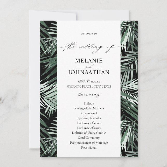 Tropical Palm Leaves Wedding Program - Black (Front)