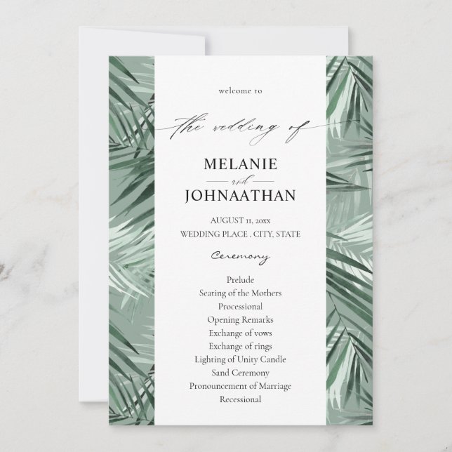 Tropical Palm Leaves Wedding Program - Mint Green (Front)