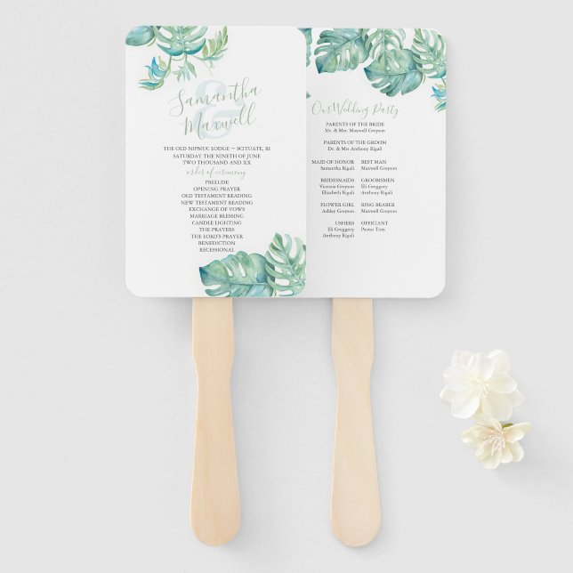Tropical Palm Leaves Wedding Program Template Hand Fan (Front and Back)