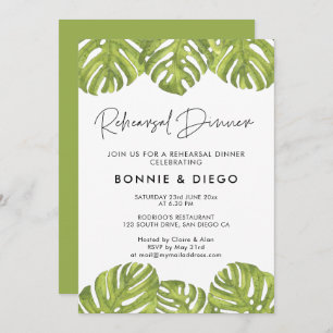 Tropical palm leaves wedding rehearsal dinner invitation