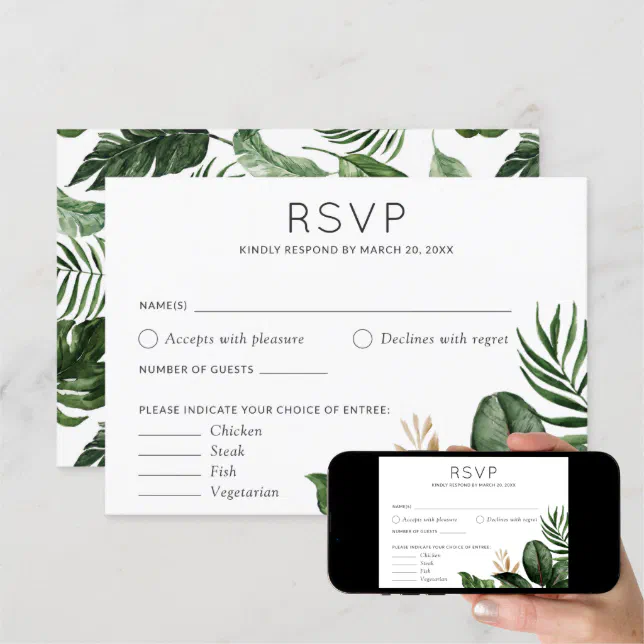 Tropical Palm Leaves Wedding RSVP Food Options Invitation | Zazzle