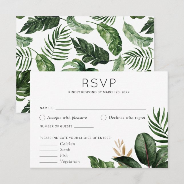 Tropical Palm Leaves Wedding RSVP Food Options Invitation (Front/Back)