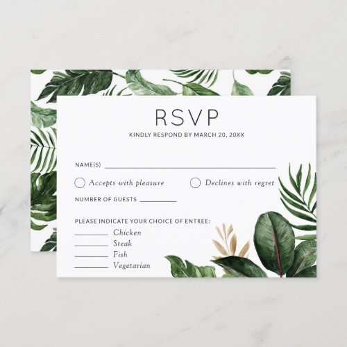 Tropical Palm Leaves Wedding RSVP Food Options Invitation