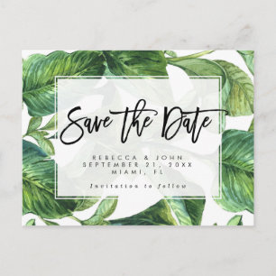 tropical palm leaves wedding save the date card