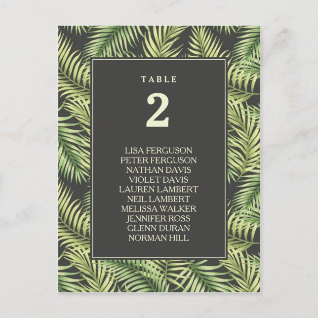 Tropical Palm Leaves Wedding Seating Chart Postcard (Front)