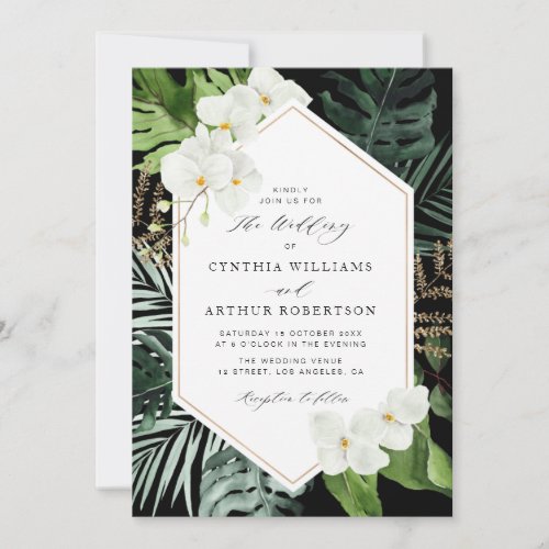 tropical palm leaves white floral wedding invitation