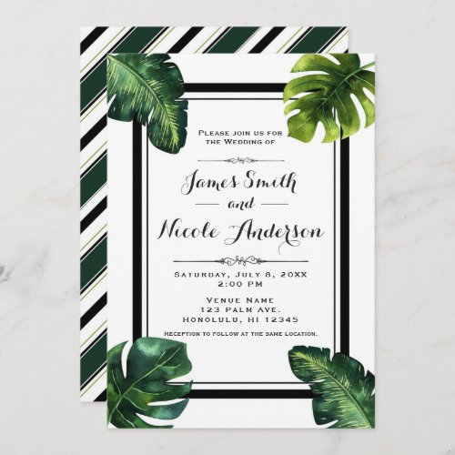 Tropical Palm Leaves White Green Black Wedding Invitation