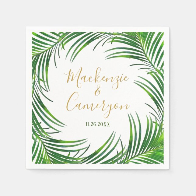 Tropical Palm Leaves Wreath Personalized Wedding Napkins (Front)