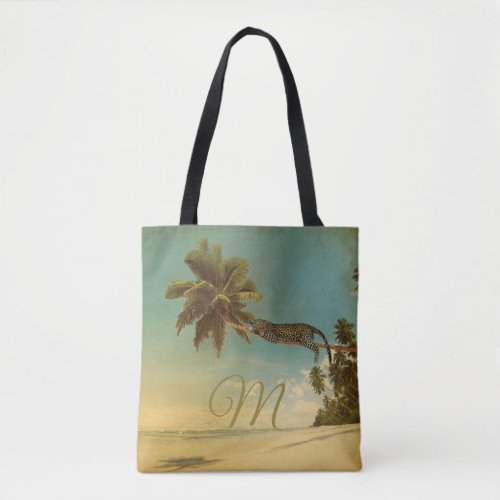 Tropical Palm Leopard Vintage Elegant Monogram Tote Bag