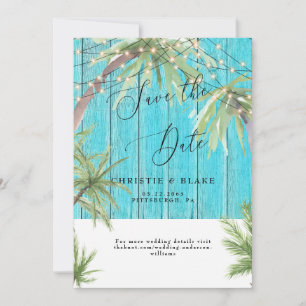 Tropical Palm & Lights Turquoise Wood Save The Date