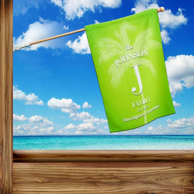Tropical Palm Lime Green Monogram and Family Name House Flag (Creator Uploaded)
