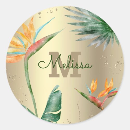 Tropical Palm Modern Monogram Script Gold Foil Classic Round Sticker