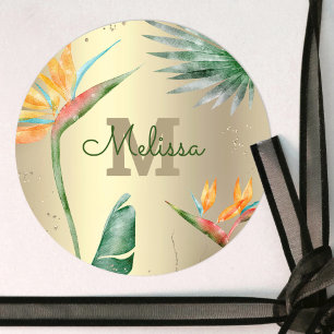 Tropical Palm Modern Monogram Script Gold Foil Classic Round Sticker