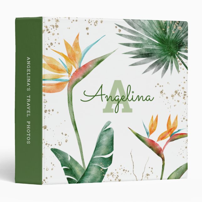 Tropical Palm Modern Monogram Script Gold Glitter 3 Ring Binder (Front/Spine)