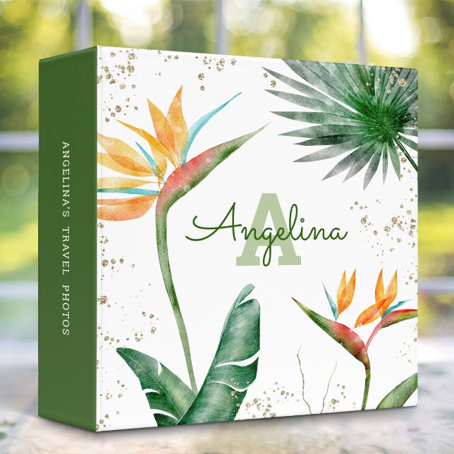 Tropical Palm Modern Monogram Script Gold Glitter 3 Ring Binder (Creator Uploaded)