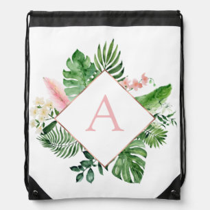 Tropical Palm Monogram Blush Pink Drawstring Bag