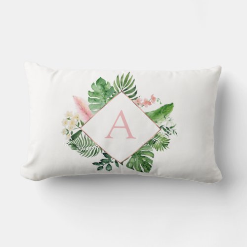 Tropical Palm Monogram Blush Pink Rose Gold Lumbar Pillow