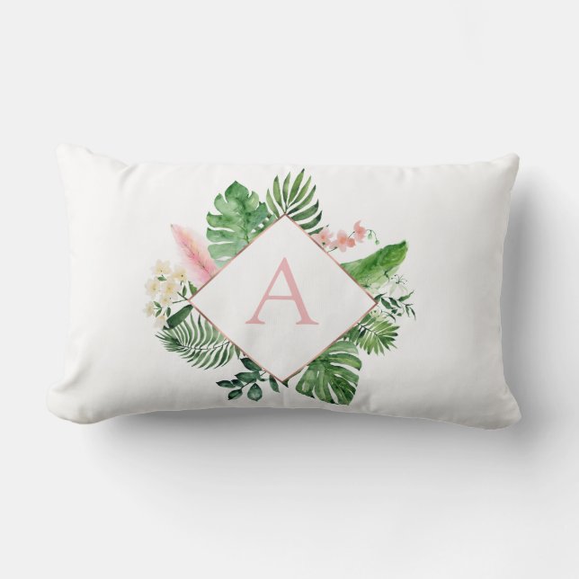 Tropical Palm Monogram Blush Pink Rose Gold Lumbar Pillow (Front)