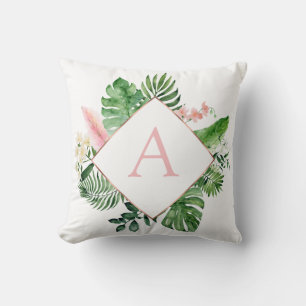 Tropical Palm Monogram Blush Pink Rose Gold Throw Pillow