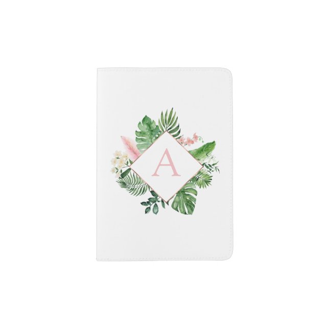 Tropical Palm Monogram Blush Pink Vacation Passport Holder (Front)