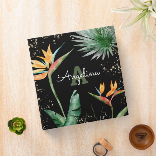 Tropical Palm Monogram Script Gold Glitter Black 3 Ring Binder