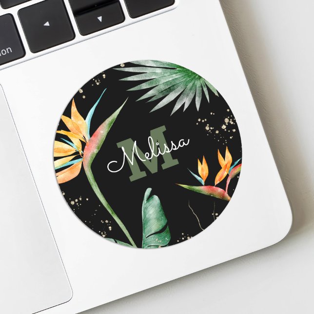 Tropical Palm Monogram Script Gold Glitter Black Classic Round Sticker (Creator Uploaded)
