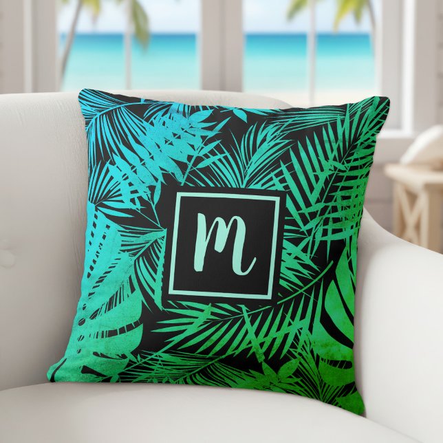 Tropical palm monogram turquoise green ombre bold throw pillow (Creator Uploaded)