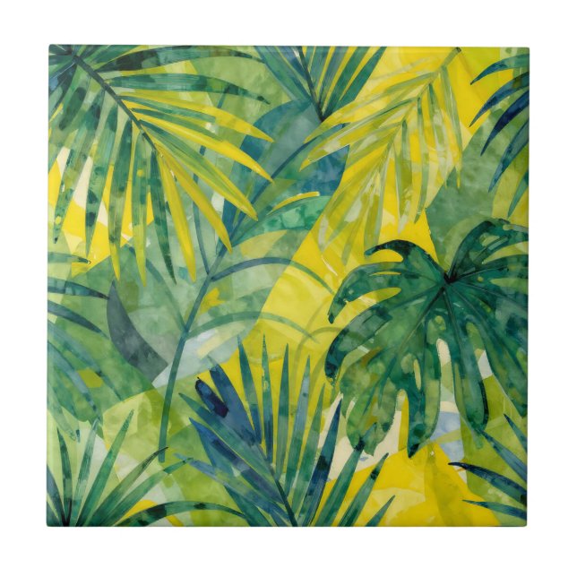 Tropical Palm Monstera Jungle Leaves Ceramic Tile (Front)