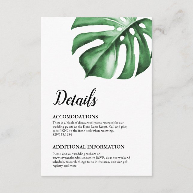 Tropical Palm Monstera Leaf Details Card Insert (Front)