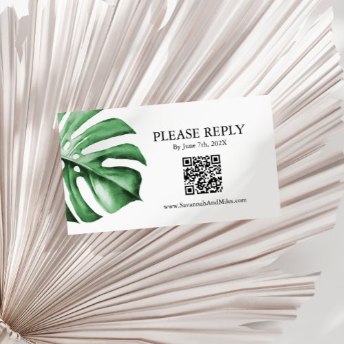 Tropical Palm Monstera Leaf Wedding QR Code Card