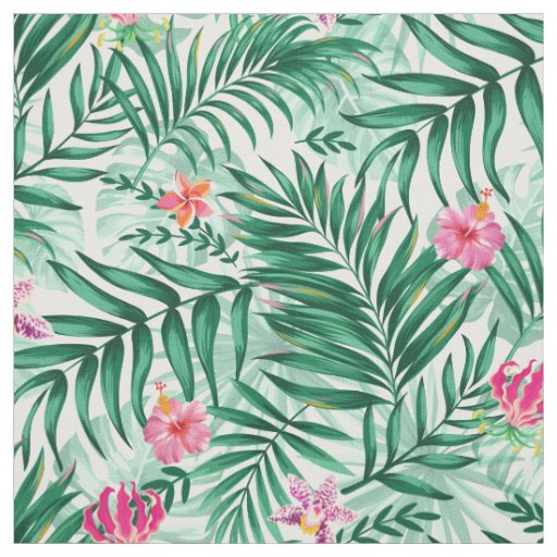 Tropical Palm & Monstera Leaves & Exotic Flowers Fabric