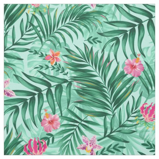 Tropical Palm & Monstera Leaves & Exotic Flowers Fabric