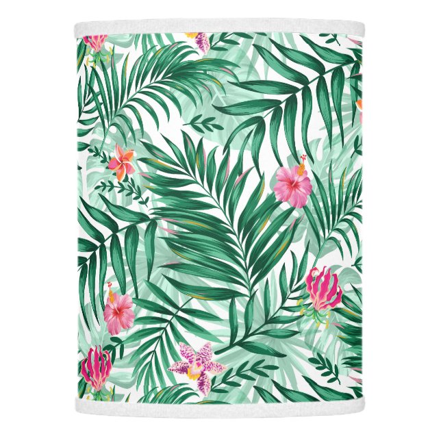 Tropical Palm & Monstera Leaves & Exotic Flowers Lamp Shade (Front)