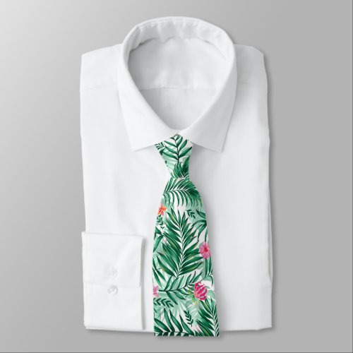 Tropical Palm  Monstera Leaves  Exotic Flowers Neck Tie