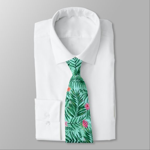 Tropical Palm  Monstera Leaves  Exotic Flowers Neck Tie