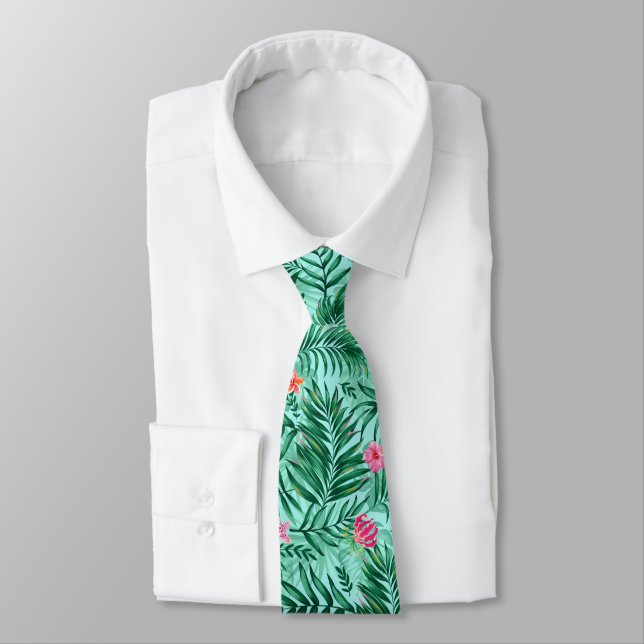 Tropical Palm & Monstera Leaves & Exotic Flowers Neck Tie (Tied)