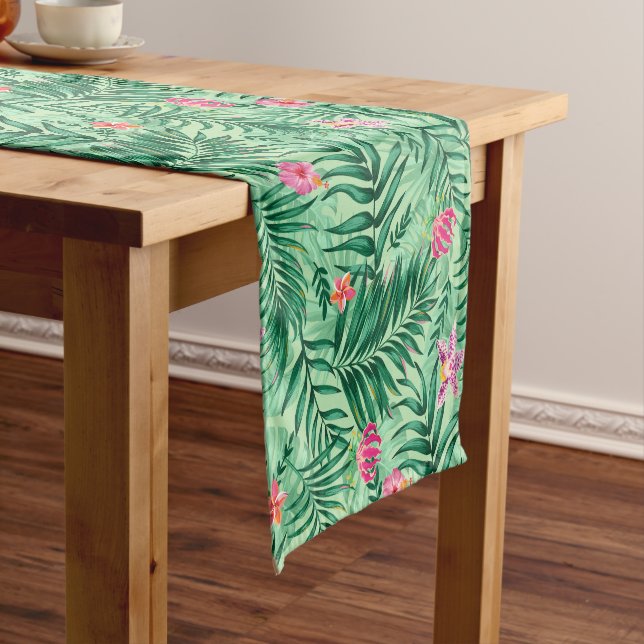 Tropical Palm & Monstera Leaves & Exotic Flowers Short Table Runner (In Situ)