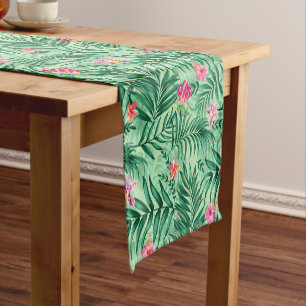 Tropical Palm & Monstera Leaves & Exotic Flowers Short Table Runner