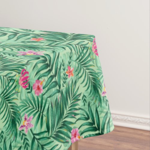 Tropical Palm  Monstera Leaves  Exotic Flowers Tablecloth