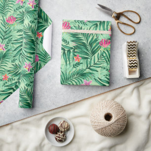 Tropical Palm & Monstera Leaves & Exotic Flowers Wrapping Paper