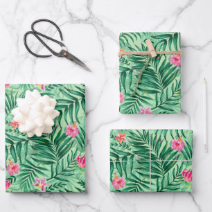 Tropical Palm & Monstera Leaves & Exotic Flowers Wrapping Paper Sheets