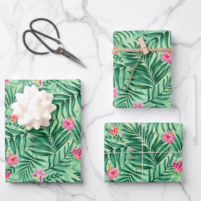 Tropical Palm & Monstera Leaves & Exotic Flowers Wrapping Paper Sheets (Front)