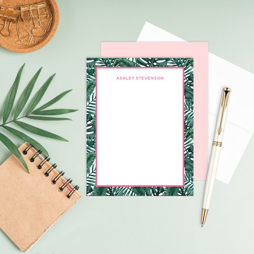 Tropical Palm Monstera Leaves Pink Custom Name Note Card