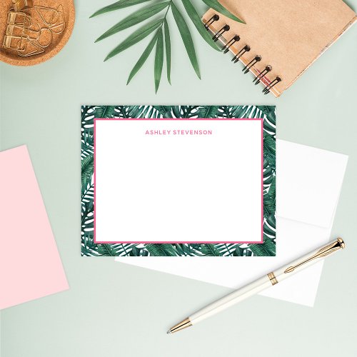 Tropical Palm Monstera Leaves Pink Custom Name Note Card