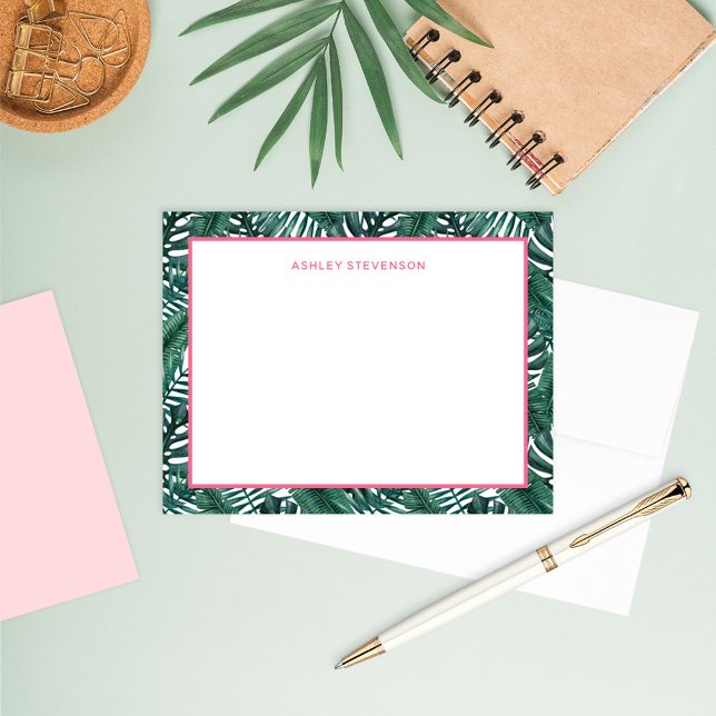 Tropical Palm Monstera Leaves Pink Custom Name Note Card (Creator Uploaded)