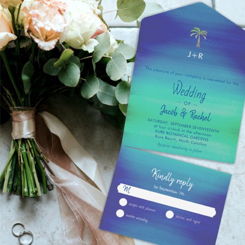 Tropical Palm Muted Blue Green Beach Ocean Wedding All In One Invitation